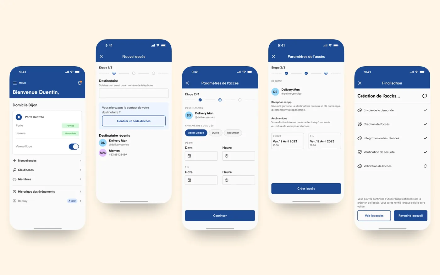 Kwikwink x Carrefour — application mobile de contrôle d’accès : accueil, création d’un accès en trois étapes, réglages.